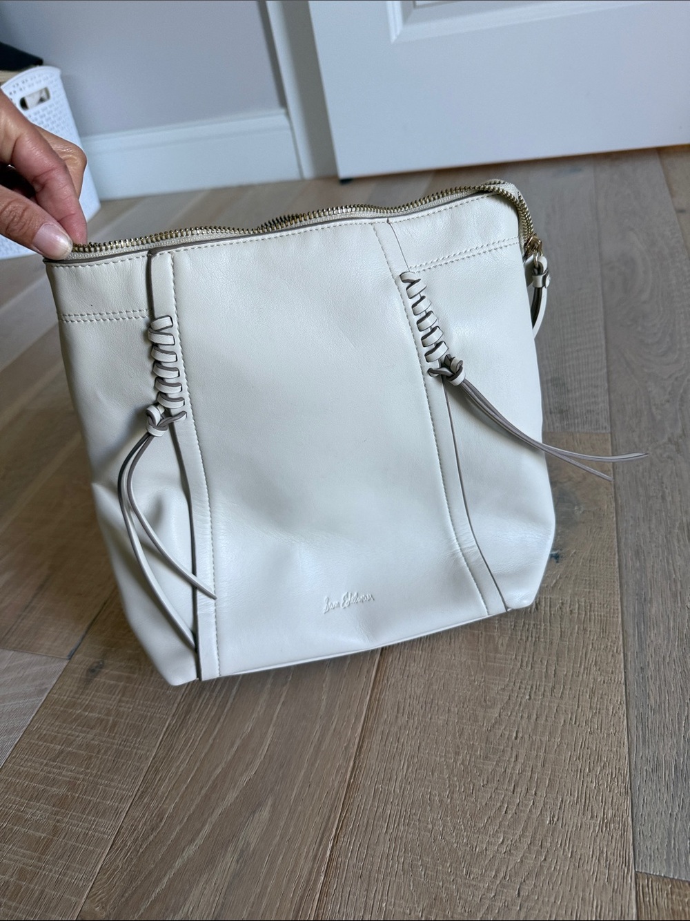 Sam Edelman Cream Leather Shoulder Bag with Whipstitch Tassels
